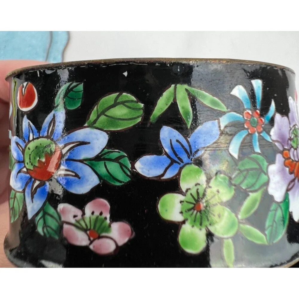 Vintage Seymour Mann Mille Fleurs Floral Enamel Leaf Trinket Box Hand Painted